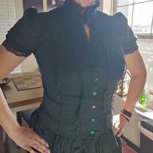 SOLD - Vintage Style Spin Doctor Blouse Shirt With Lace & Ruffles - Black - Goth
